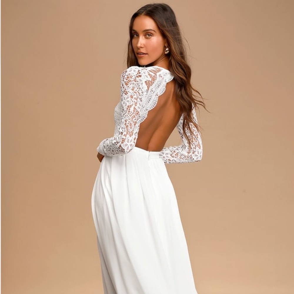 Lulus Awaken My Love White Long Sleeve Lace Maxi Dress Open Back Wedding Dress